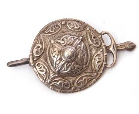 Vintage sterling shield and sword brooch by Ian McCormack, stamped Iona, 65mm long