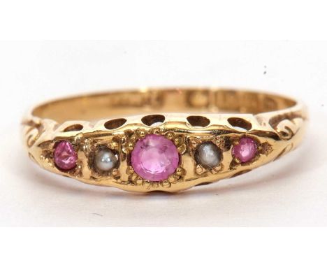 Antique 18ct gold ruby and pearl five stone ring of boat shape and featuring three round cut graduated small rubies and two s