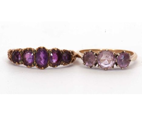 Mixed Lot: 9ct gold five stone graduated amethyst ring, hallmarked for Birmingham 1989, size P/Q together with a purple three