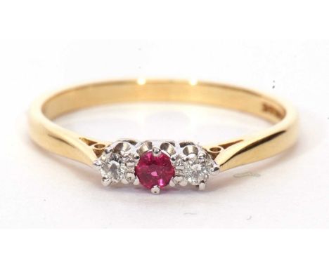 18ct gold ruby and diamond three stone ring centering a small round cut ruby flanked by two round brilliant cut diamonds, tot