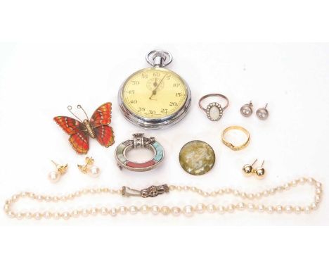 Mixed Lot: A Smiths chrome plated stopwatch, a single row of graduated simulated pearls, a Celtic style brooch, butterfly bro