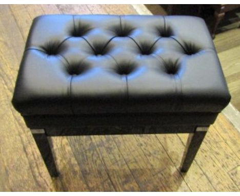 Piano StoolAn adjustable piano stool in a bright ebonised finish with storage under a button upholstered top. 