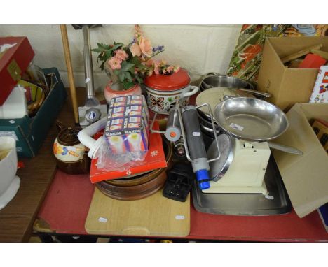 LARGE LOT OF KITCHEN WARES, SCALES, BOXED LIGHT BULBS ETC