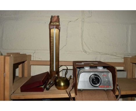 LARGE COPPER MOUNTED THERMOMETER, A NORRIS PROJECTOR, HIP FLASK, CARD GAME ETC