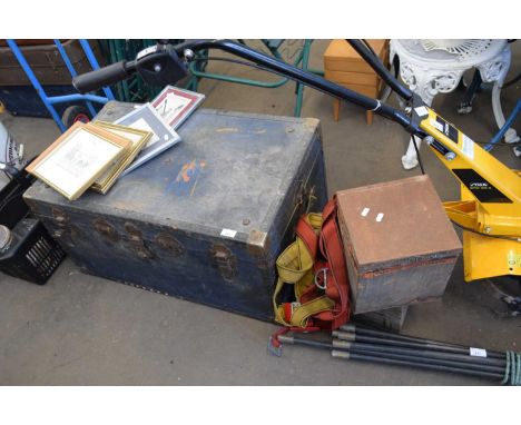 VINTAGE TRUNK, A FURTHER SMALL WOODEN BOX, VINTAGE TIN AND STRAPS