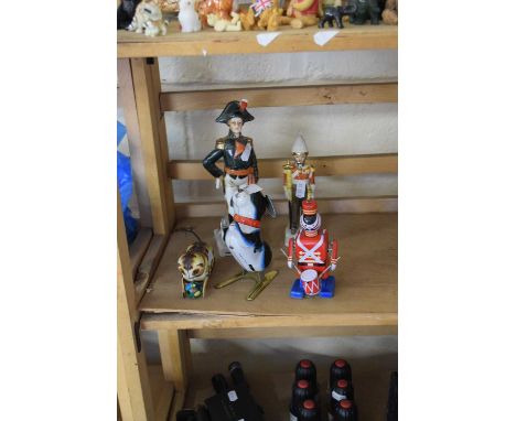 THREE SMALL CLOCKWORK TOYS PLUS TWO CERAMIC FIGURES (5)