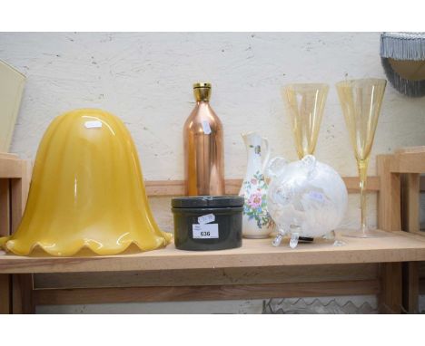 FRILLED GLASS LIGHT SHADE, GLASS PIGGY BANK, COPPER HOT WATER BOTTLE ETC