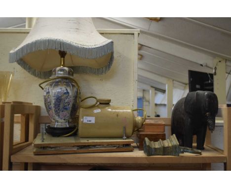 TABLE LAMP, STONEWARE HOT WATER BOTTLE, WOODEN PRESS, MODEL ELEPHANT ETC