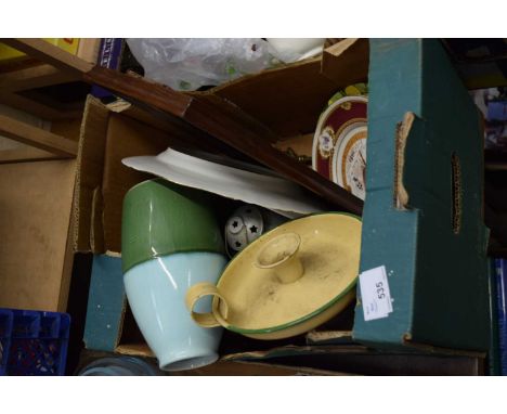 BOX VARIOUS MIXED ITEMS TO INCLUDE DECORATED PLATES, ENAMEL CHAMBER STICK, SMALL WATERCOLOUR OF FISHING BOATS ETC
