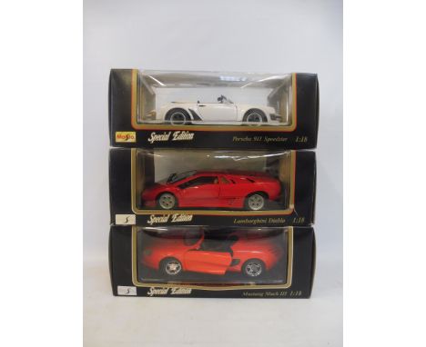 Three boxed Maisto 1:18 scale model supercars to include a Mustang Mac3.