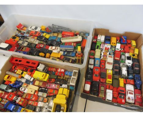 Three boxes of playworn die-cast models to include Dinky, Corgi etc.