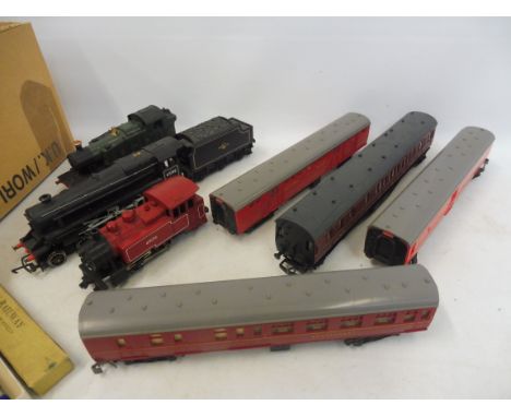A Lima small Prairie tank, Hornby black 5, 0-4-0T, four coaches, a power unit and a quantity of track.
