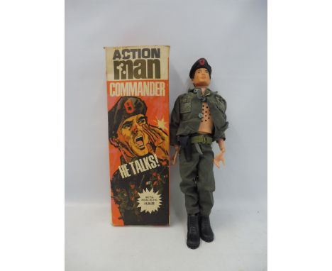 Action Man - an original boxed flocked hair  talking commander, circa 1970s, uniform faded, speaks almost at normal speed, bo