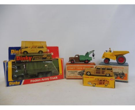 Five boxed Dinky Toys including Foden army truck, Range Rover ambulance and a Commer breakdown.