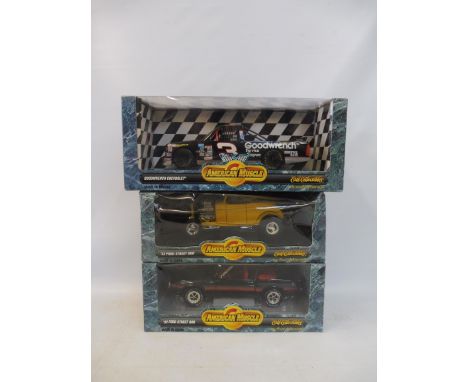 Three boxed 1:18 scale models, American muscle cars including a 1932 Ford Street Rod. 