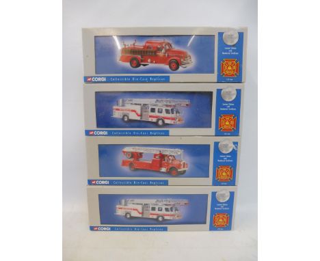 Four boxed Corgi Fire Rescue Series 1:50 scale, to include Mack B Series rear mount ladder and the E1 75 ladder etc.