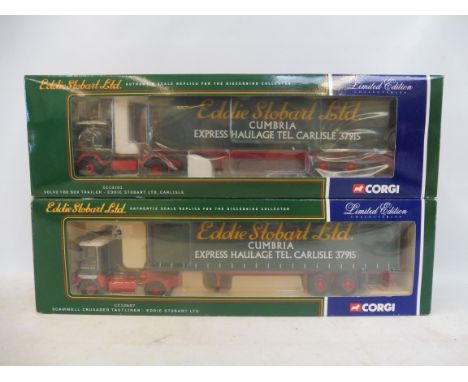 Two boxed Corgi Eddie Stobbart lorries, Volvo F88 box trailer and a Scammel Crusader.