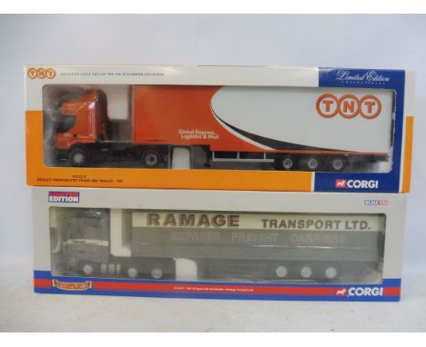 Two boxed Corgi Heavy Haulage lorries, Ramage Haulage and TNT logistics, excellent condition.