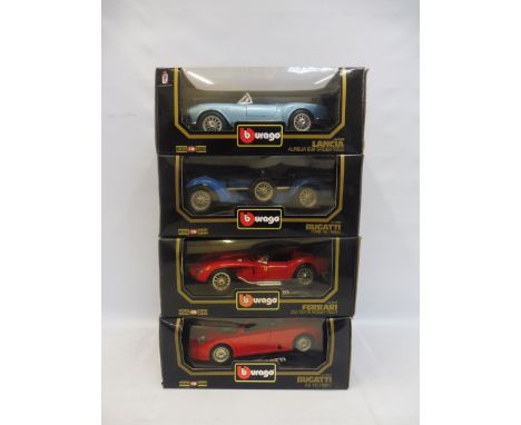 Four boxed 1/18 scale Burago models, two Bugattis, a Ferrari and a Lancia.