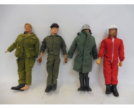 Four circa 1970s Action Man flocked hair figures, with some clothing and accessories.