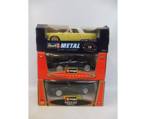 Three boxed 1:18 scale models including a 1955 Ford Thunderbird, Shelby Series I etc.