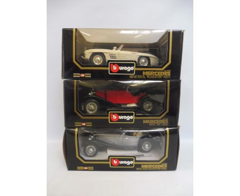 Three boxed 1/18 scale Burago models, all Mercedes.