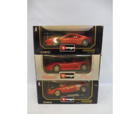 Three boxed 1/18 scale Burago models, all Ferraris.