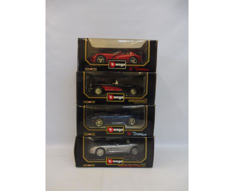 Four boxed 1/18 scale Burago models, all American supercars, two Dodge and two Chevrolet.