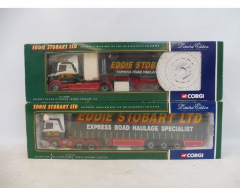 Two boxed Corgi Eddie Stobbart lorries, Scania T cab and Scania curtainside.
