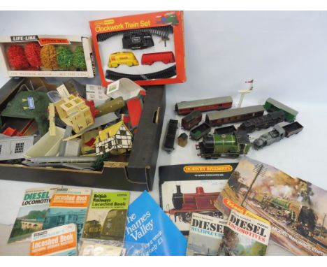 Two boxes of model railway items including locomotives, buildings and carriages, various scales.