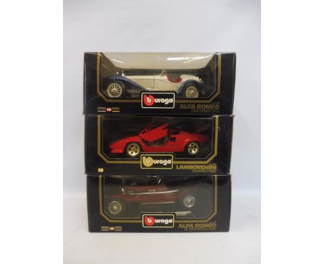 Three boxed 1/18 scale Burago models, all Italian supercars, two Alfa Romeos and a Lamborghini.