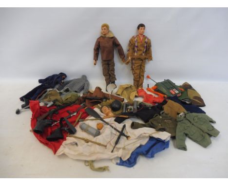 Two 1970s flocked head Action Man figures plus a quantity of accessories.