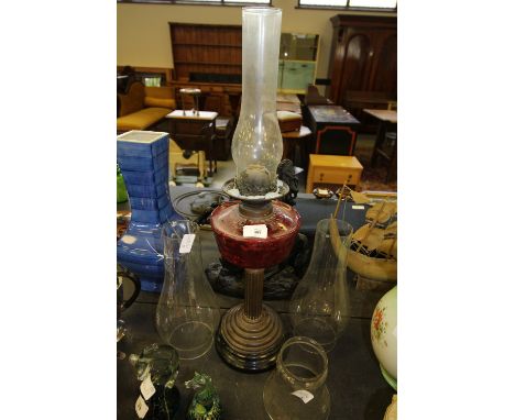 19thC Cranberry Reservoir Table Oil Lamp with 4 Chimneys