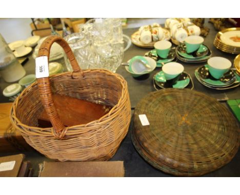 19th Century mahogany tea caddy, two wicker baskets and a small quantity cigarette cards