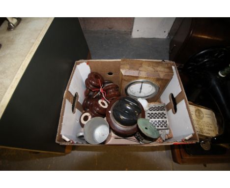 Box of items including wooden cased thermometer, electrical pylon insulators, etc.