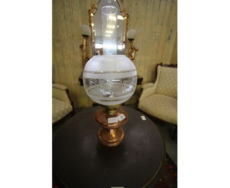 Copper and Brass Oil Lamp and Etched Shade