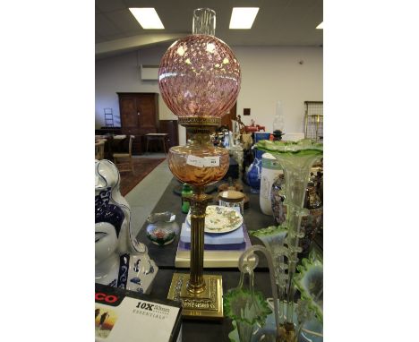Brass Table Oil Lamp with Orange Glass Reservoir &amp; Cranberry Glass Shade