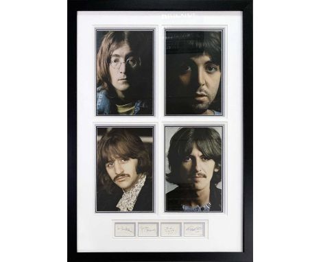 A mounted, framed and glazed display to include four Beatles signatures, each on an unevenly cut page, displayed beneath four