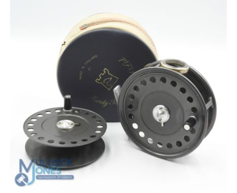 Hardy Bros "The St George" Mk 2 alloy trout fly reel with spare spool, 3 3/4" ventilated spool, 2 screw latch, black handle, 