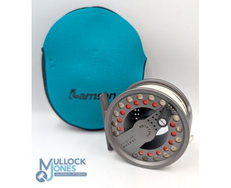 A fine and scarce Lamson Waterworks Hard Alox VI 5J velocity alloy fly reel 3" wide ventilated spool, black handle, large rea