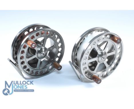 2x Marco Cortesi alloy centre pin/trotting reels, 4 1/4" spool with twin wood handles, on/off check. Both in Fishing Magazine