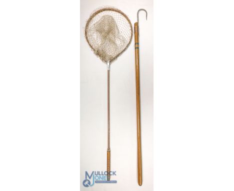 Early Farlow Gye Net, pear shaped with Ash hoop wooden shaft brass fittings, retaining some of its enamel finish and original