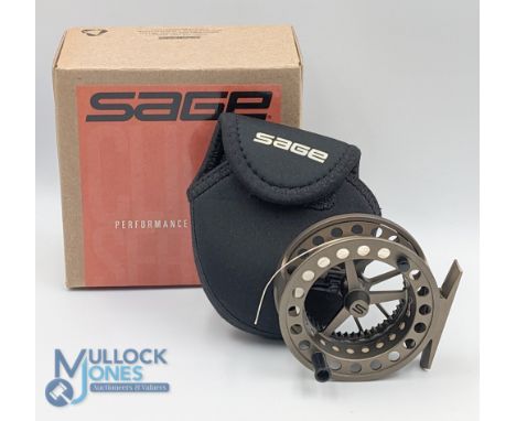 Sage USA Click II alloy brook trout fly reel 3 1/8" ventilated large arbor spool with counter balanced handle, rear tensioner