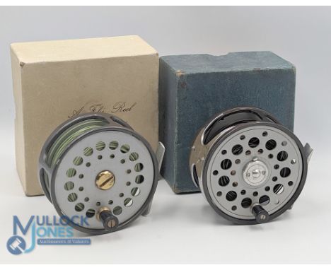 Sharpes of Aberdeen "The Gordon" alloy trout fly reel 3 1/2" wide spool black handle, constant check, in original box, very l