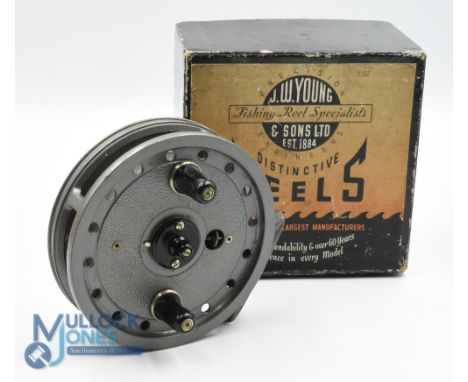 J W Young &amp; Son Redditch "Rapidex" alloy centre pin/trotting reel, 4" narrow ventilated spool with 2 screw latch, milled 