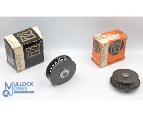 Hardy Bros "The Sunbeam" 6/7 alloy fly reel with spare spool, 3 1/4" ventilated spool, 2 screw latch, black handle, large rea