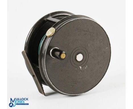 Hardy Perfect 4" alloy salmon fly reel, 1950s model with black handle, ribbed brass foot, rim tension regulator and original 