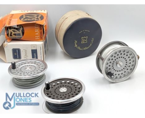 Hardy Bros "Marquis Salmon No 2" alloy fly reel with 2 spare spools, 4 1/8" ventilated spool, 2 screw latch, black handle, re