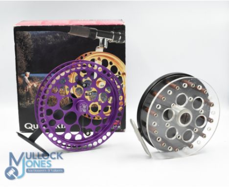 DAM Quick RBL 150 large purple centre pin reel, 6" narrow ventilated spool, rear seat on stanchion with spool lock, in origin