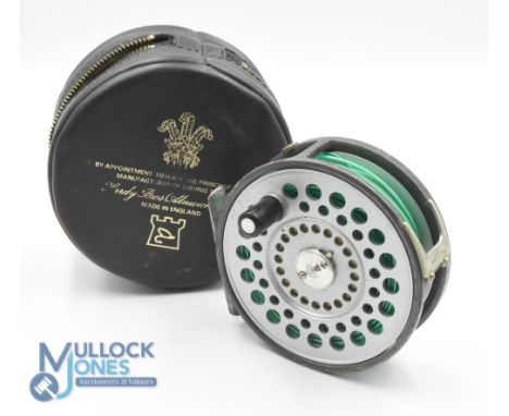 Hardy Bros "The St Aiden" alloy sea trout fly reel, 3 3/4" ventilated spool, 2 screw latch, black handle, milled rim tensione